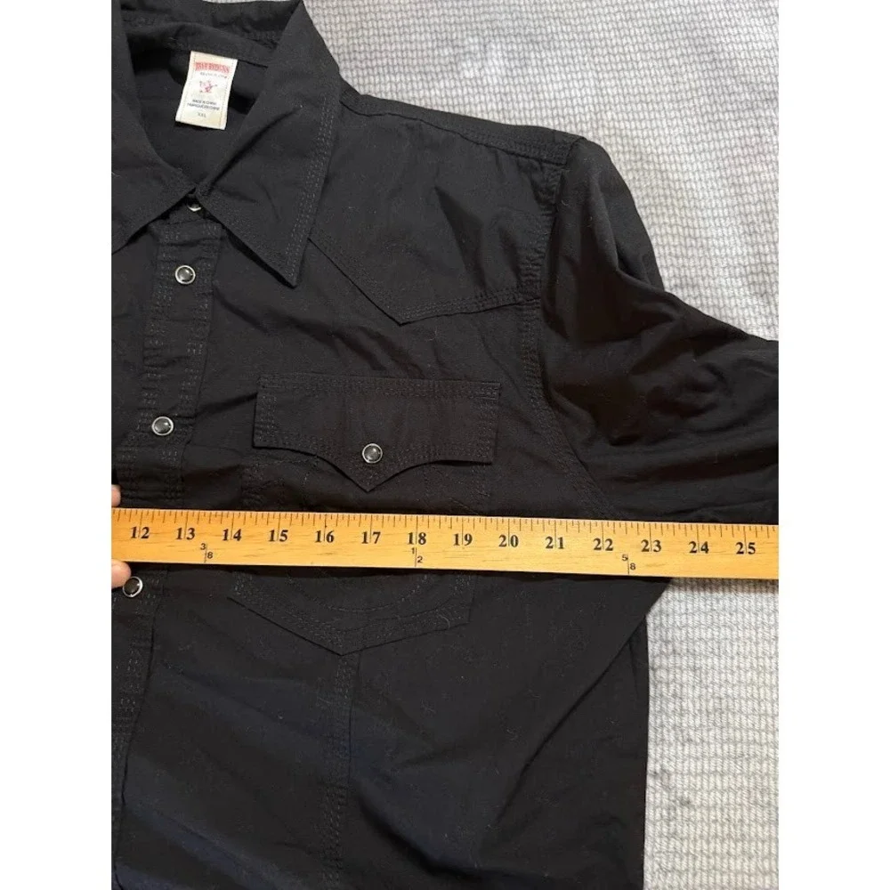 True Religion Mens Western Snap Button Down Shirt Black Horseshoe Stitch XXL